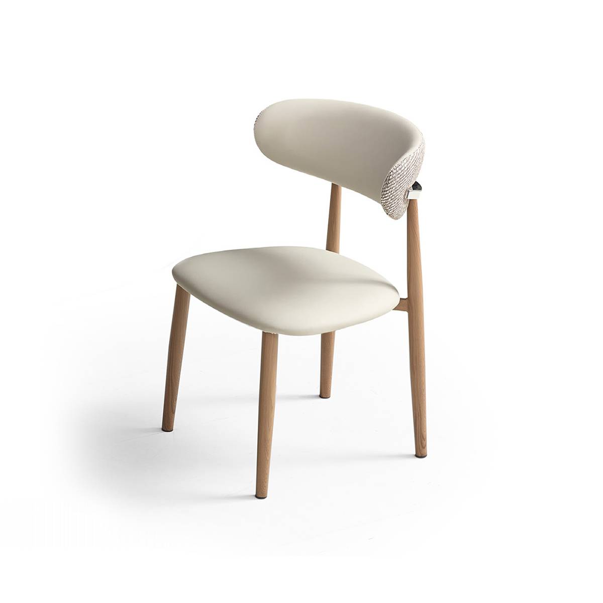 Side view of beige grey dining chair showing woven back detail