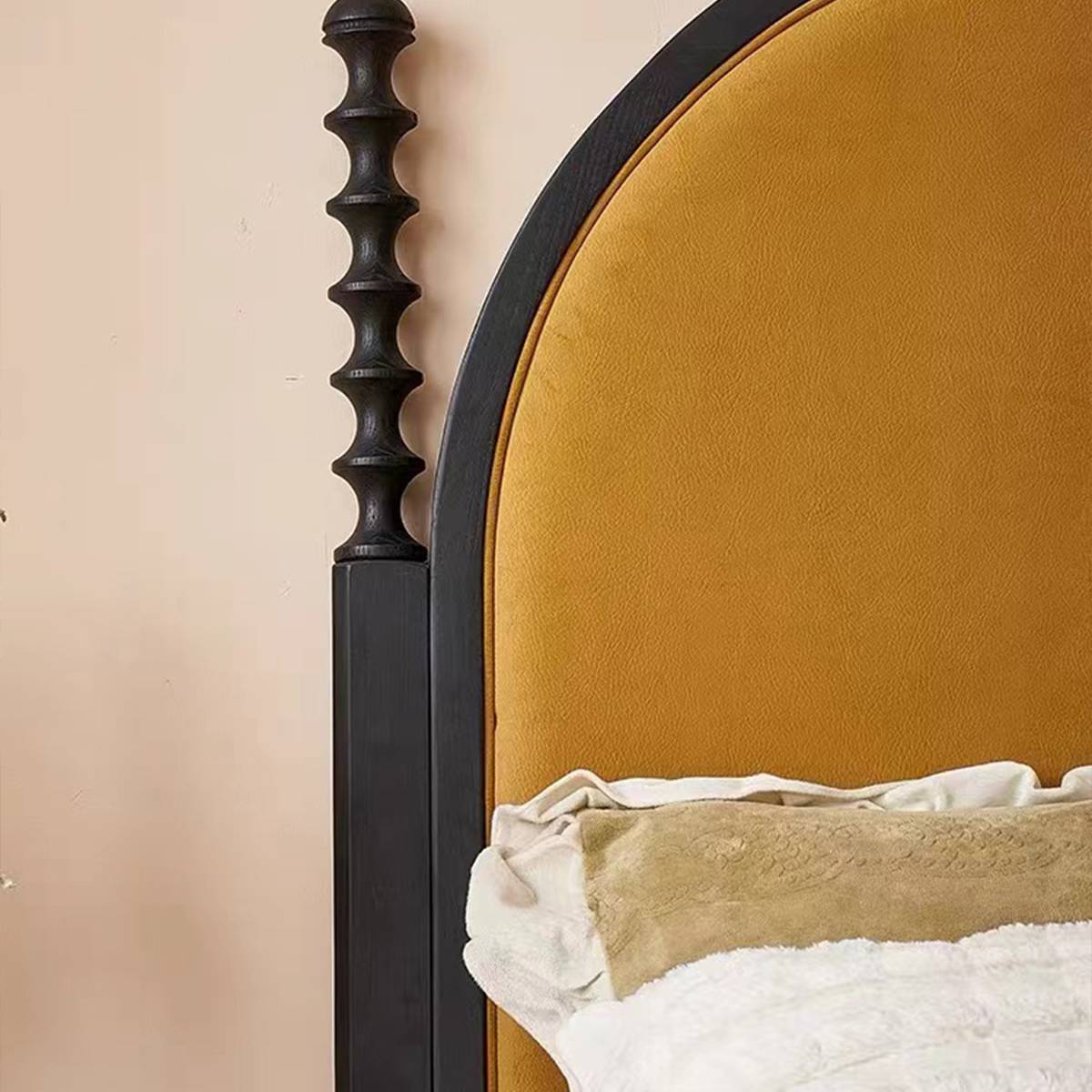 Close-up of the velvet texture and wooden frame joinery