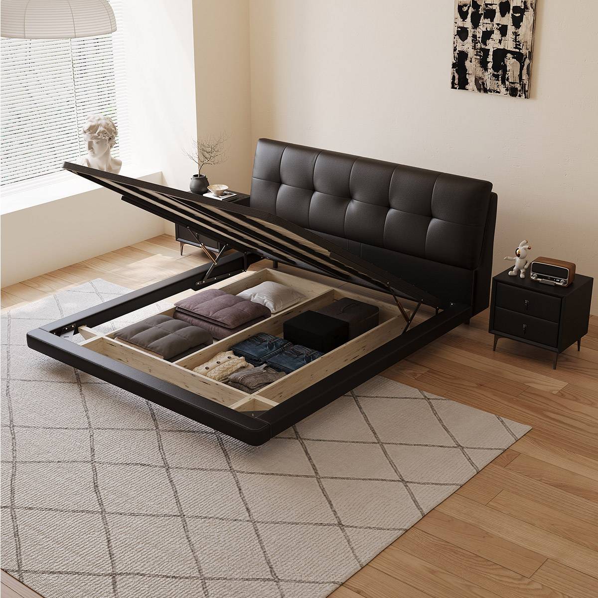 The bed frame lifted to reveal the internal wooden storage compartments and slat base.