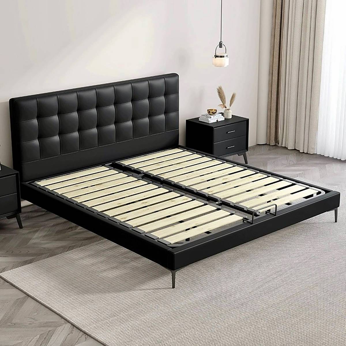 View of the bed frame showing the wooden slat support system