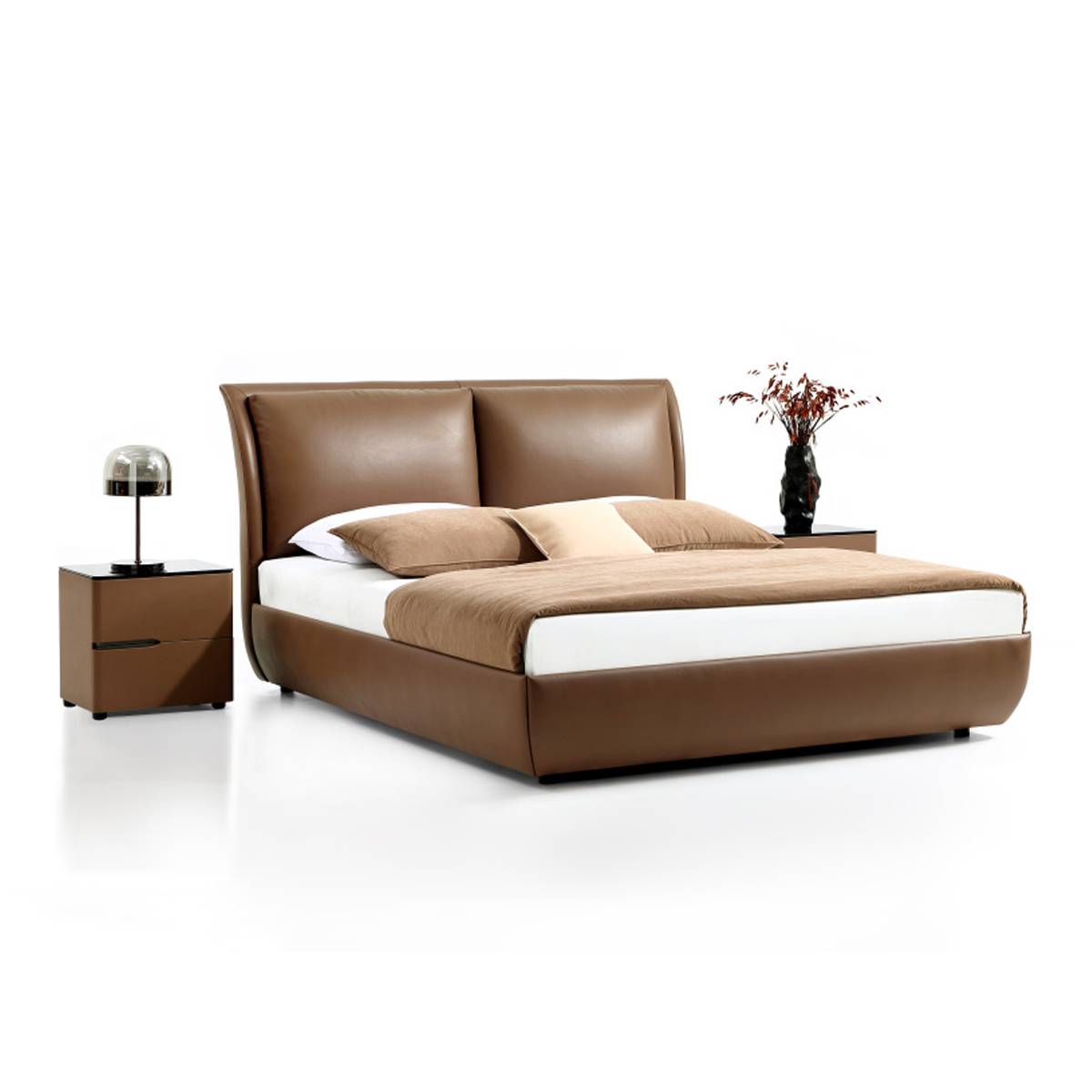 Side angle view of the brown leather bed frame and headboard