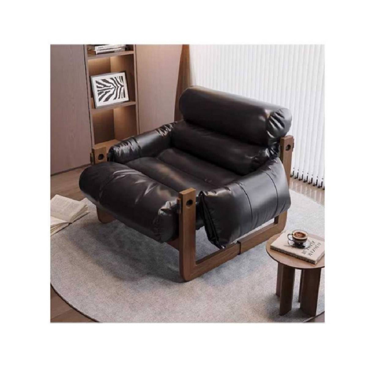 Black leather version of the lounge chair with wooden frame