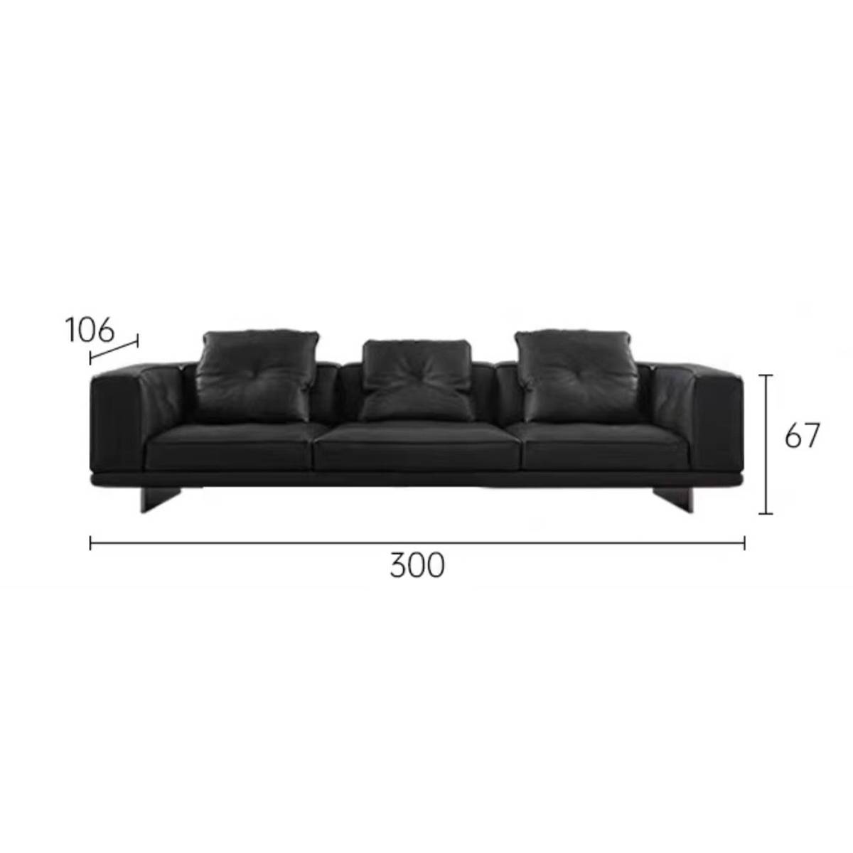 Technical drawing showing sofa dimensions: 300cm width, 106cm depth, 67cm height