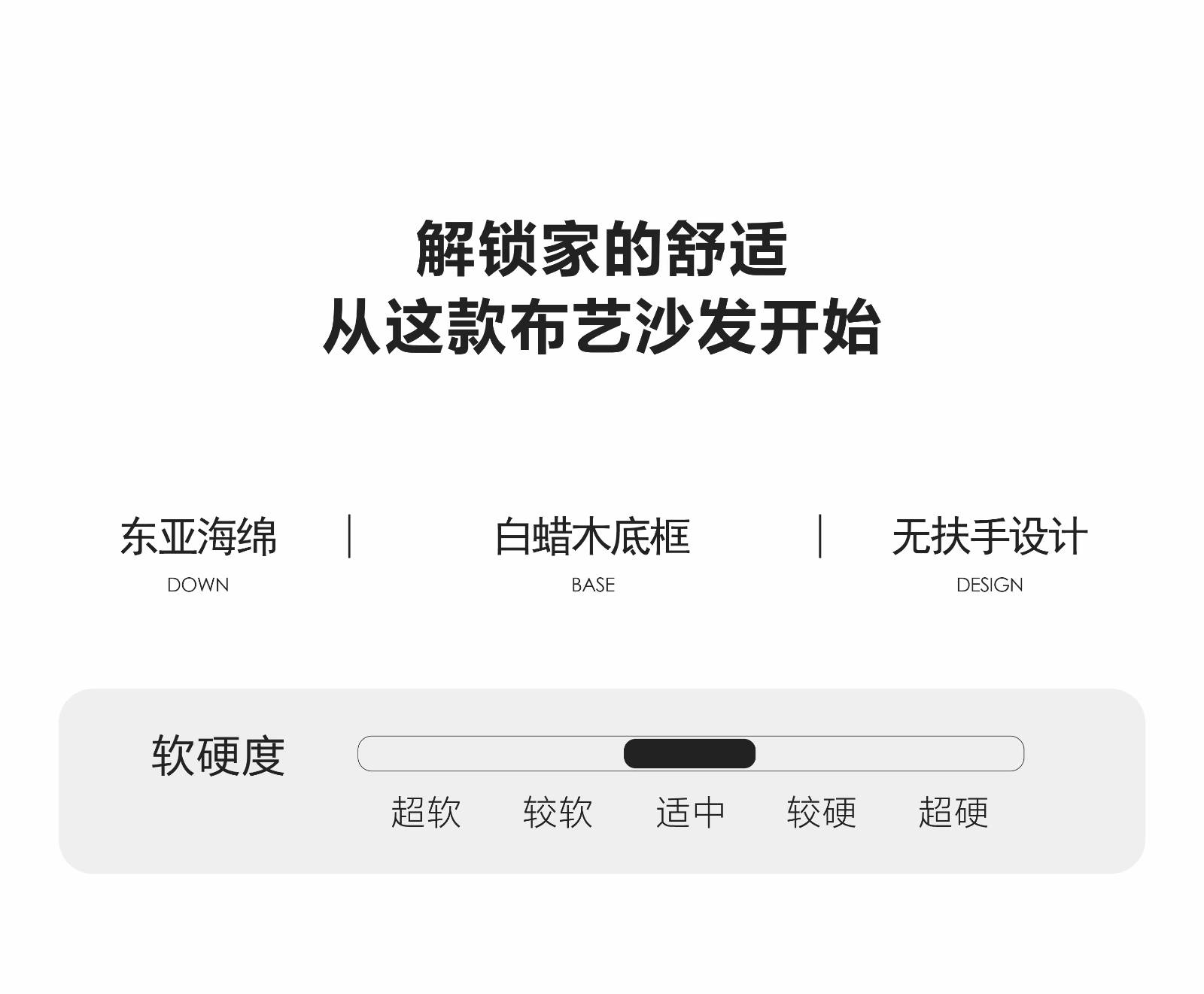 Product specification graphic showing materials: Dongya sponge, Ash wood base, and armless design with firmness scale