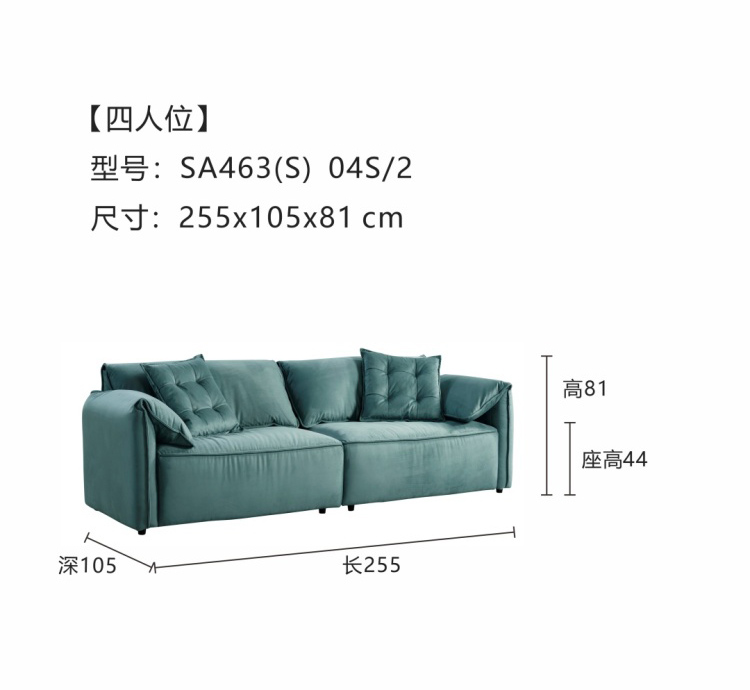 Product parameter diagram showing dimensions for the 4-seater sofa model SA463(S) 04S/2 (255x105x81 cm).