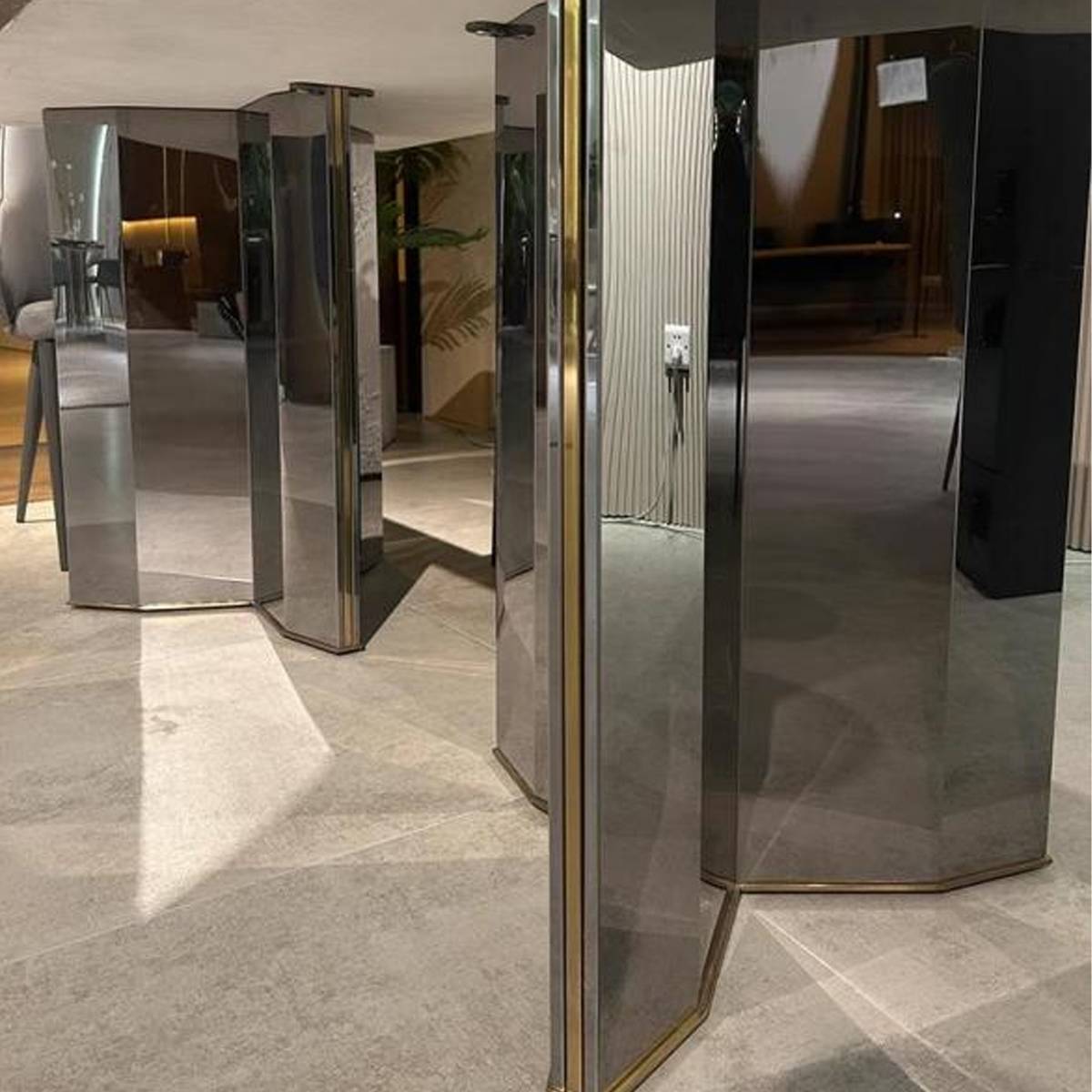 Close-up detail of the mirror stainless steel Mitsubishi base structure