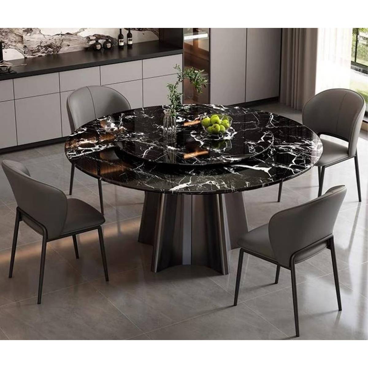 Round dining table with black marble pattern top and stainless steel base