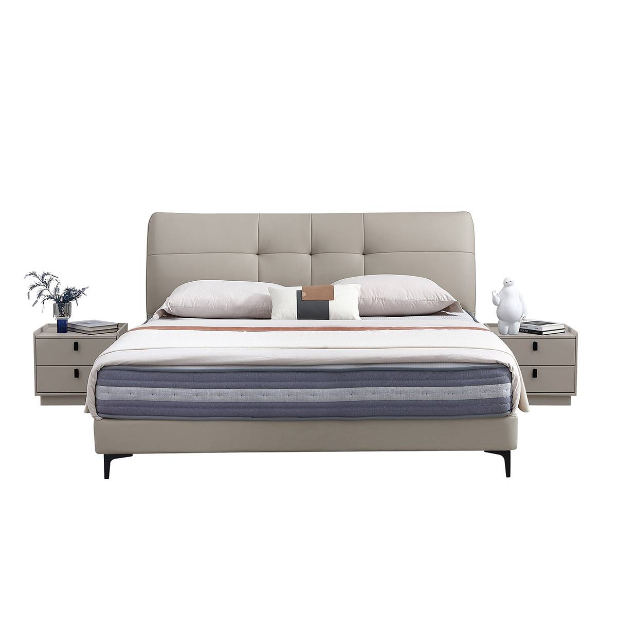 Front view of a beige top-grain leather soft bed with a tufted headboard and black legs