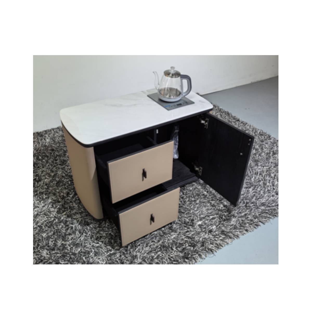 Side cabinet with drawers and cabinet door open showing storage space