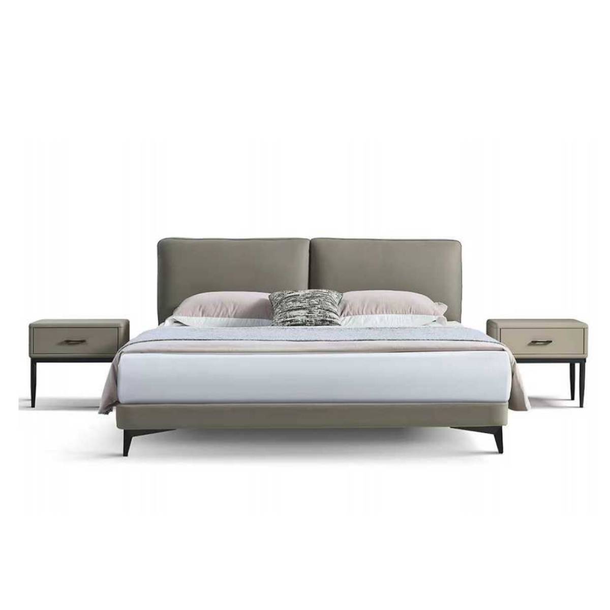 Front view of the grey leather bed frame with split headboard