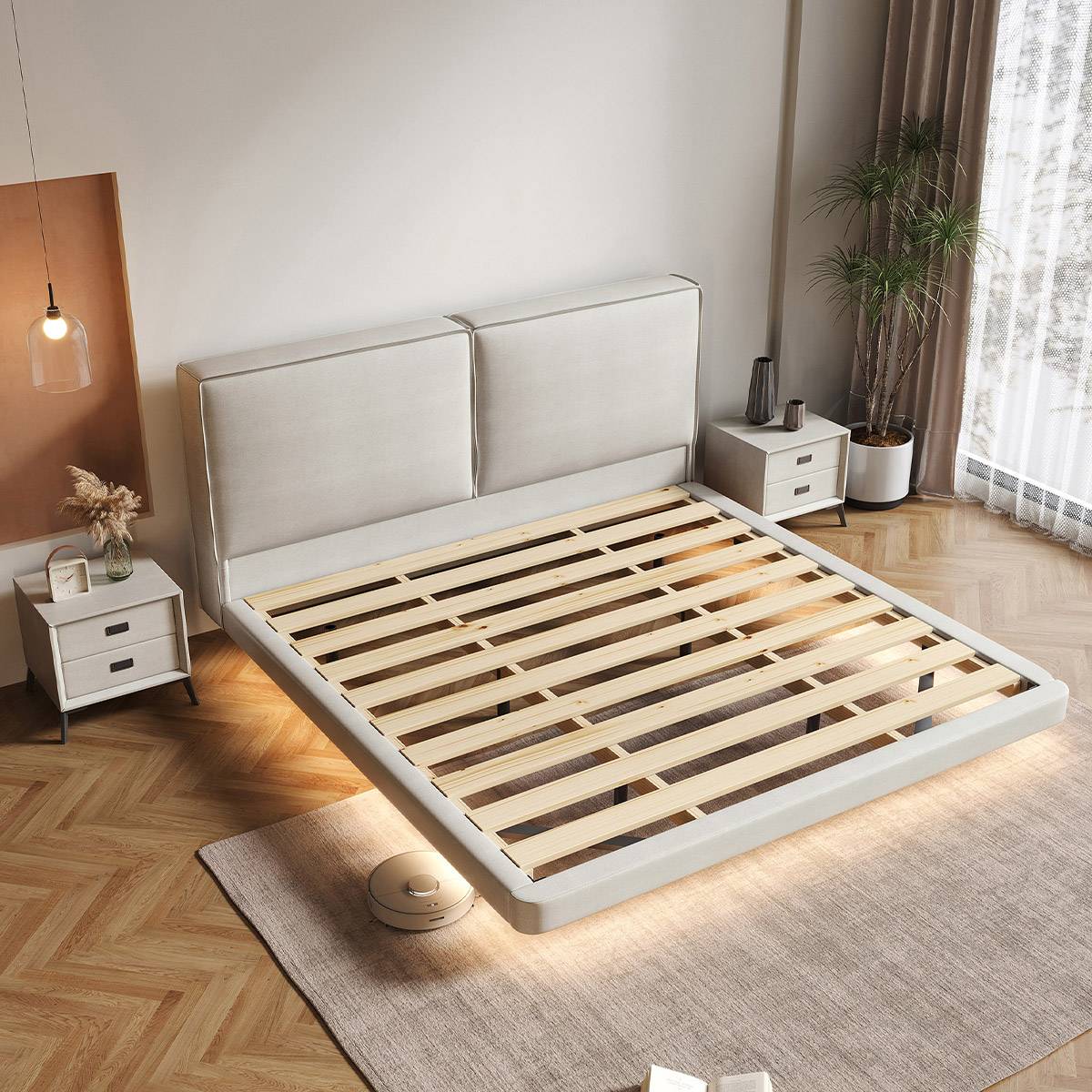White floating bed frame showing wooden slat base and headboard detail