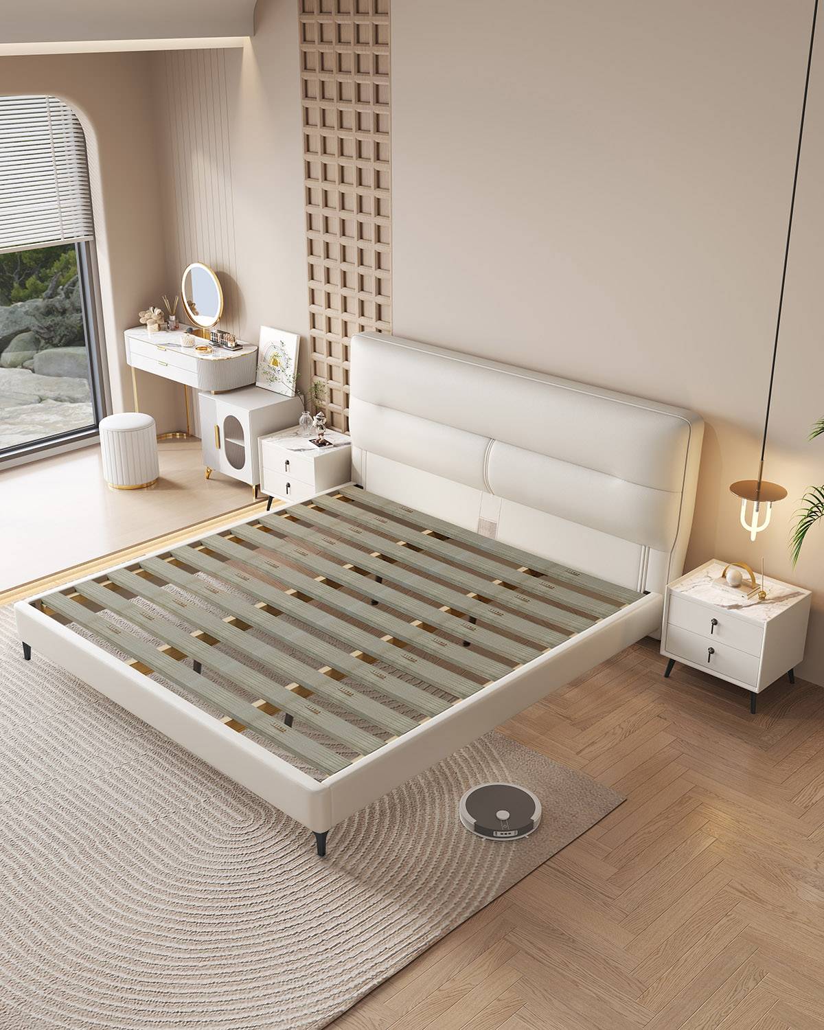 White upholstered bed frame showing the wooden slat base structure