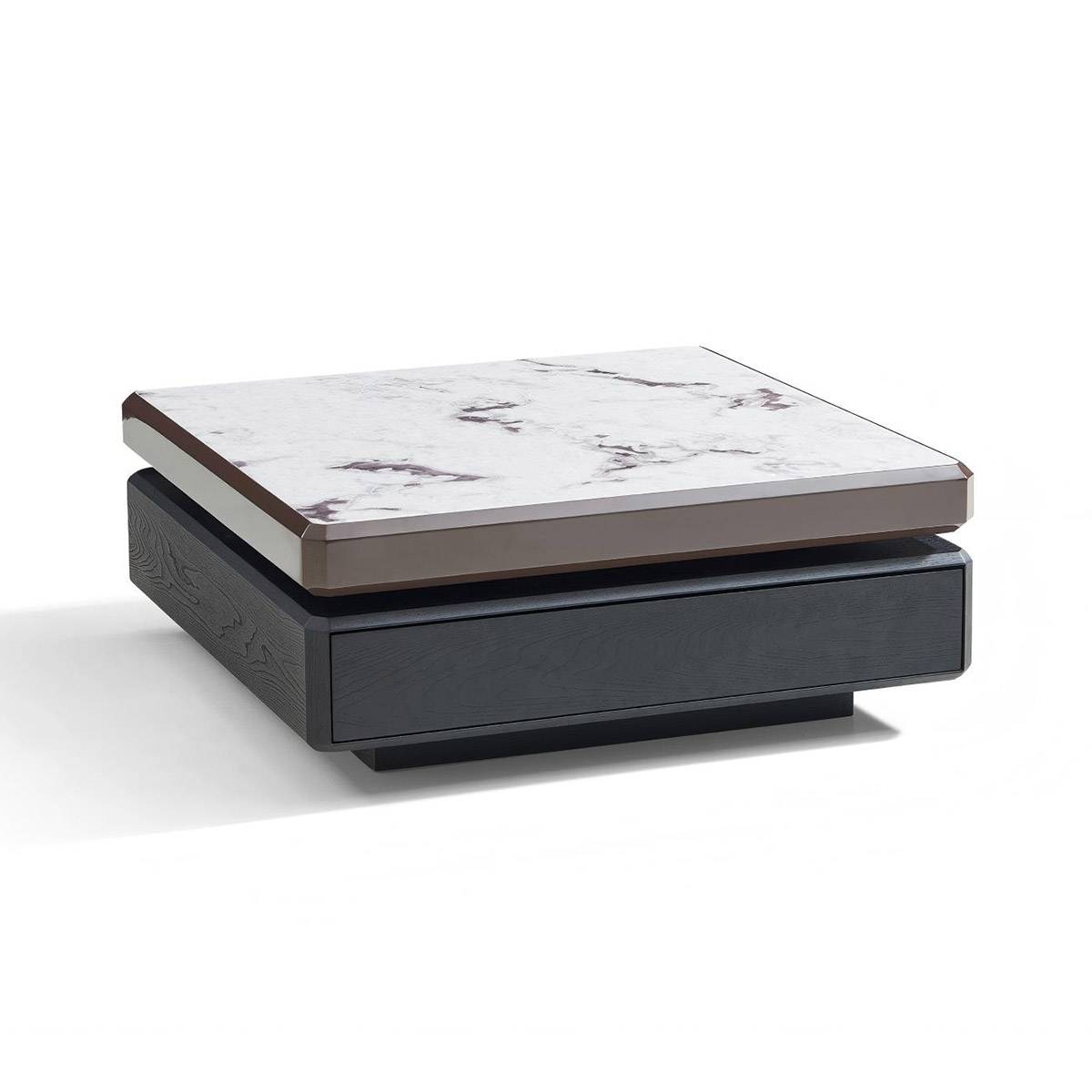 Side view of the coffee table showing the drawer and base structure