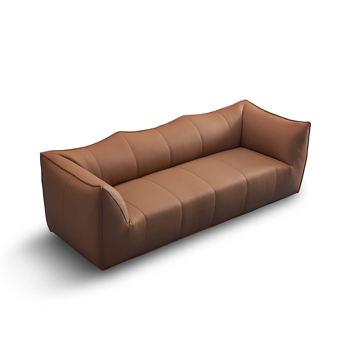 Angled view of brown leather sofa showing seat depth