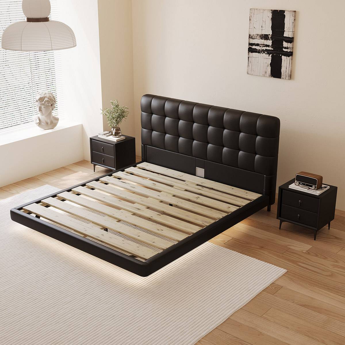 Bed frame showing split slat design