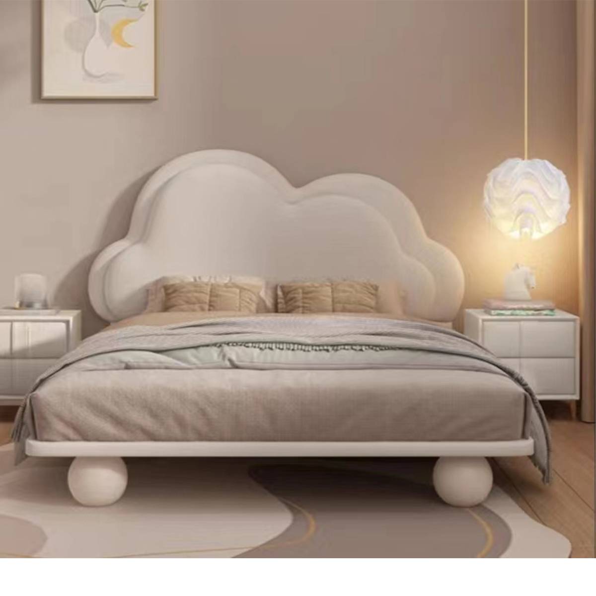 White cloud bed with grey bedding