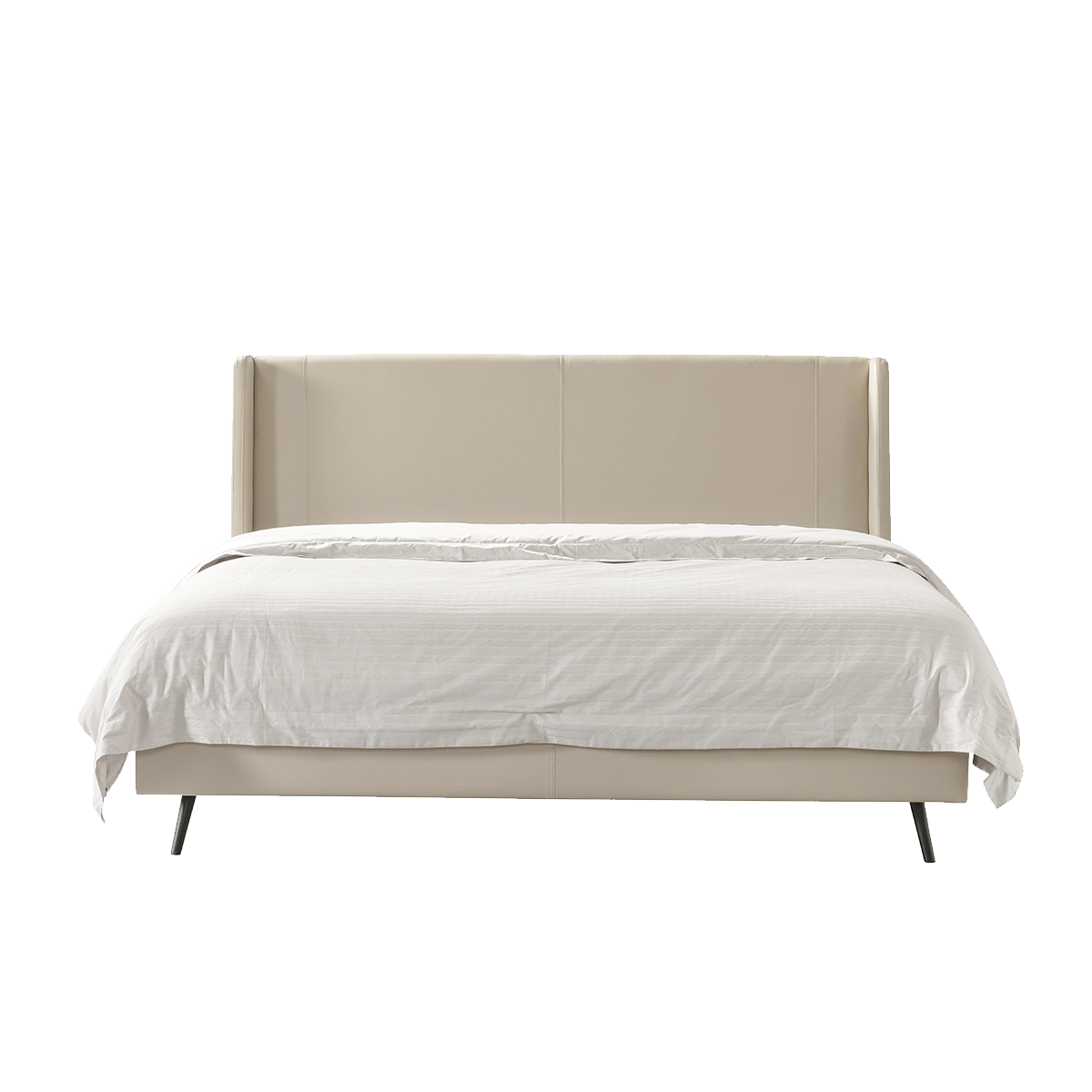 Front view of the beige upholstered bed against a white background