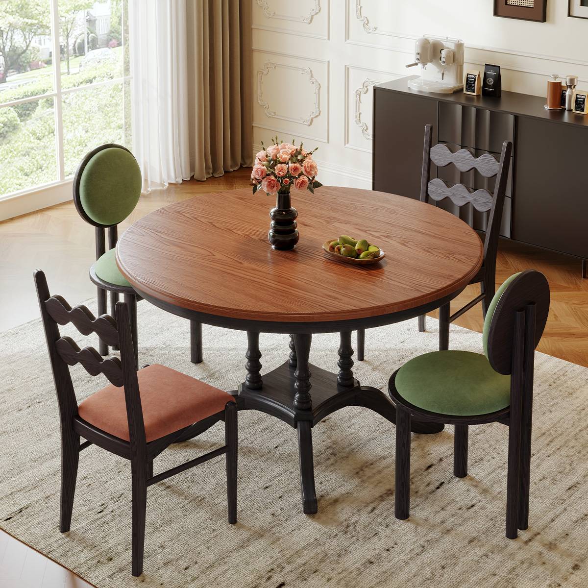 Walnut finish round dining table with mixed style chairs