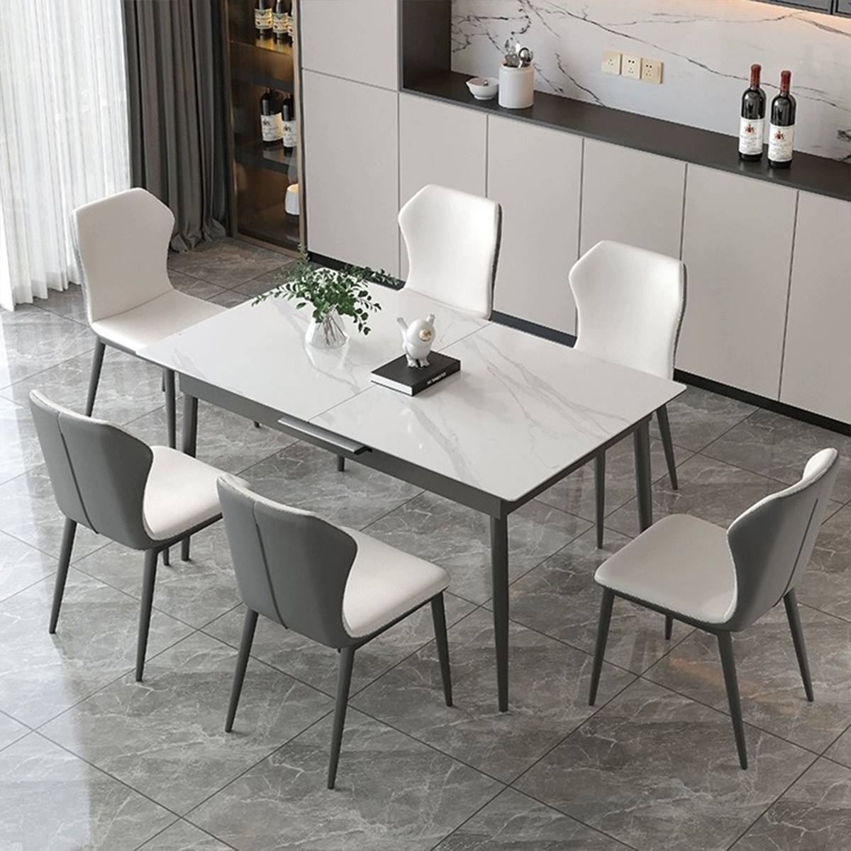 Side view of the dining table showing the carbon steel legs