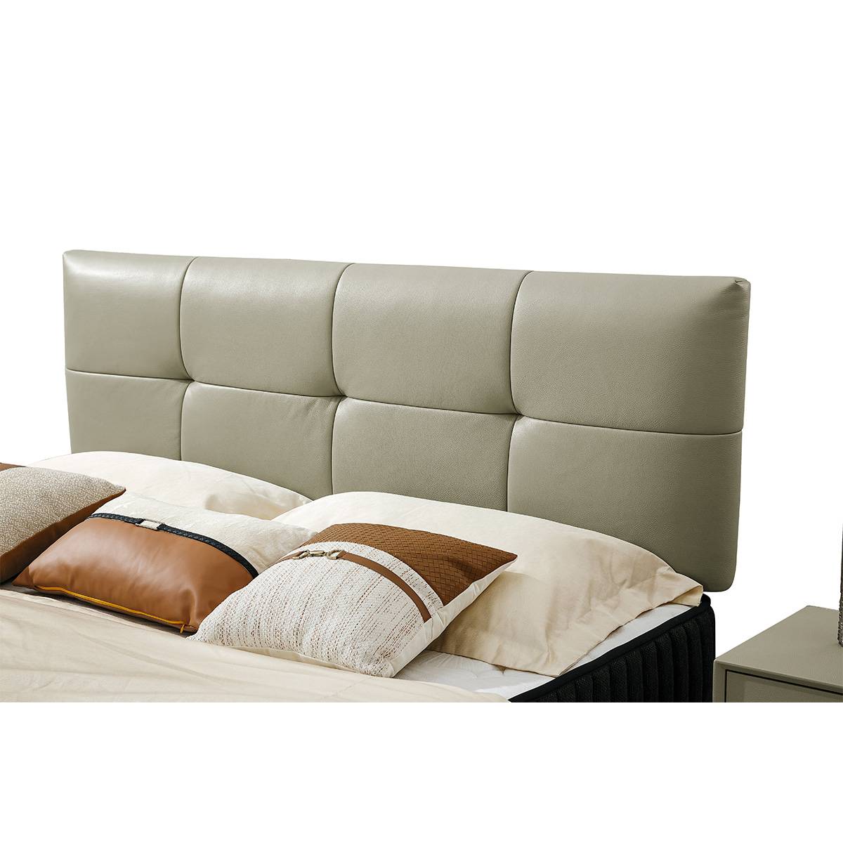 Front view of the beige upholstered bed with adjustable headboard and matching nightstands