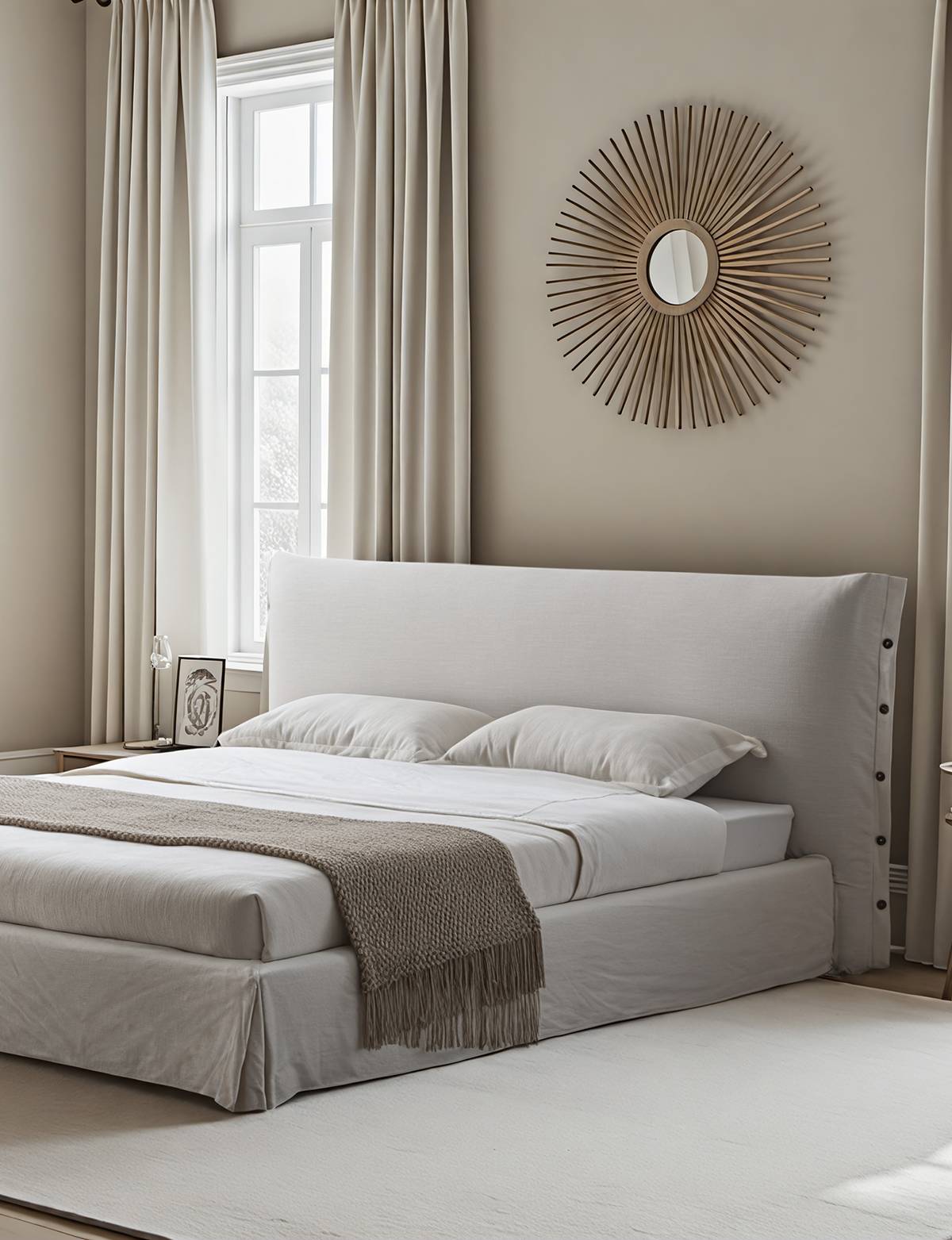 Bedroom setting showing the bed with a sunburst mirror and curtains