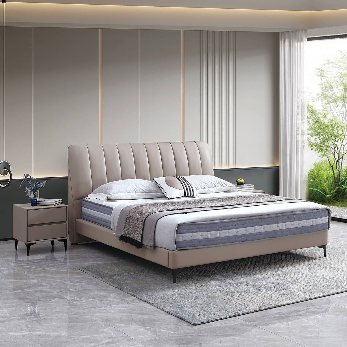 Side view of the bed in a modern bedroom setting