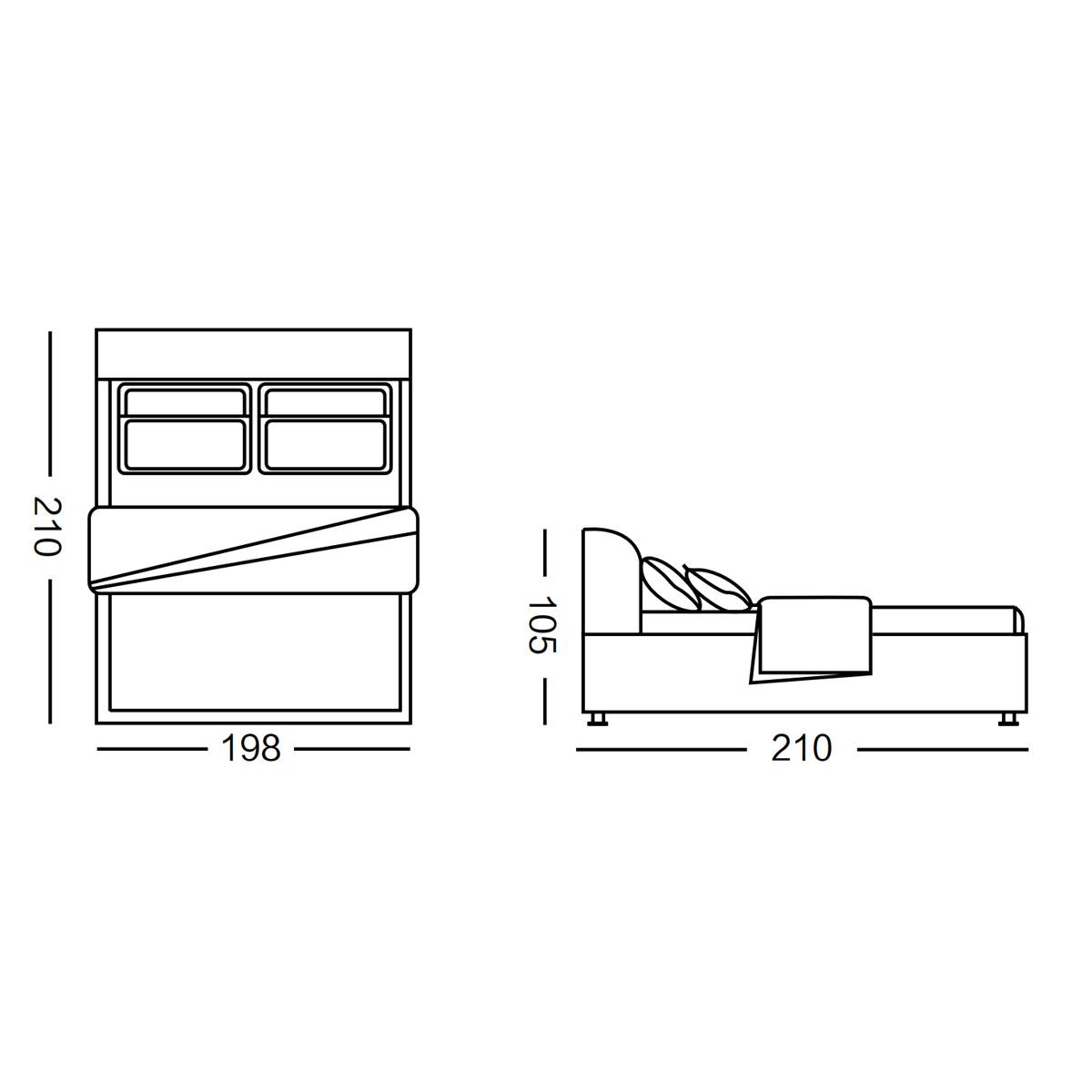 Technical line drawing showing bed dimensions: 210cm length, 198cm width, 105cm height.