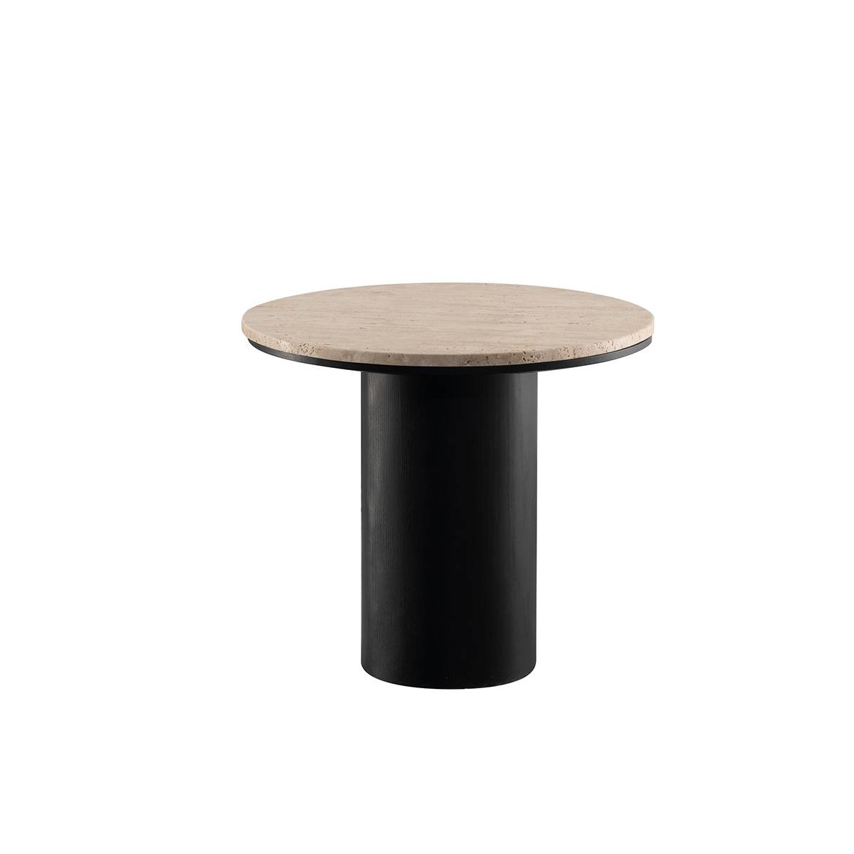 Side view of the Makati coffee table showing the travertine top and black cylindrical leg.