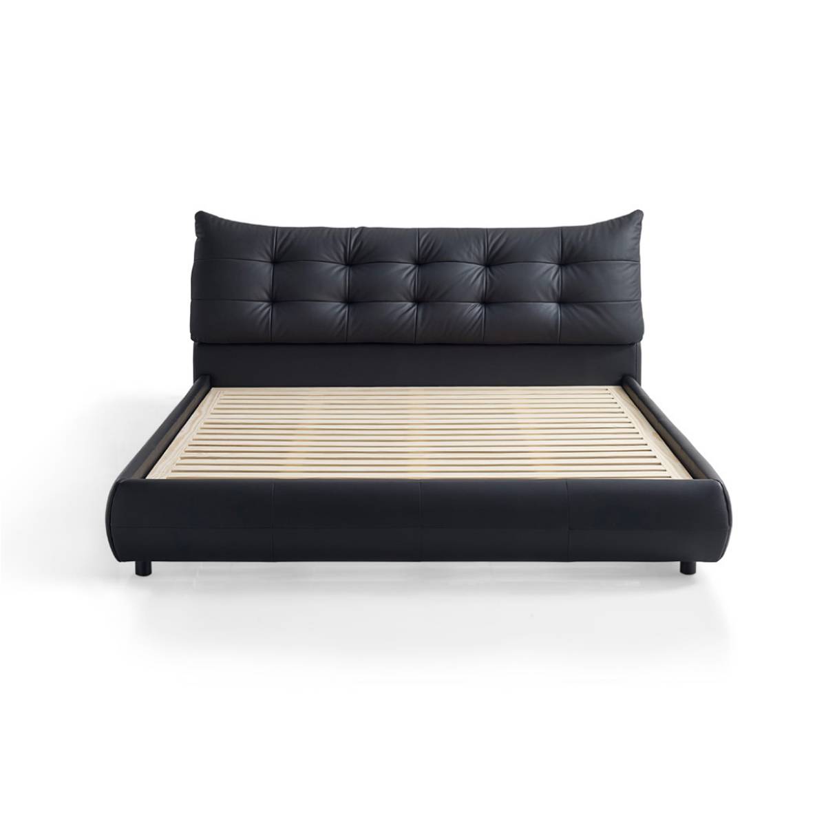 Front view of black leather tufted bed frame