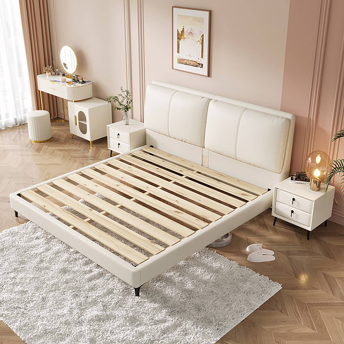 White eco-leather bed frame showing wooden slat base