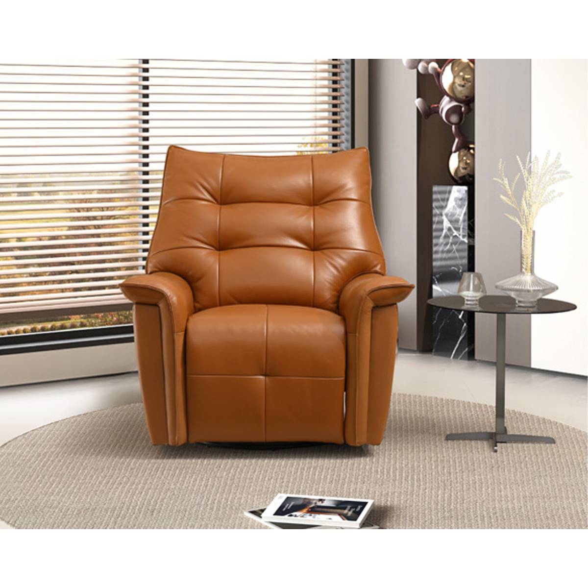 Front view of the brown leather recliner chair in an upright position