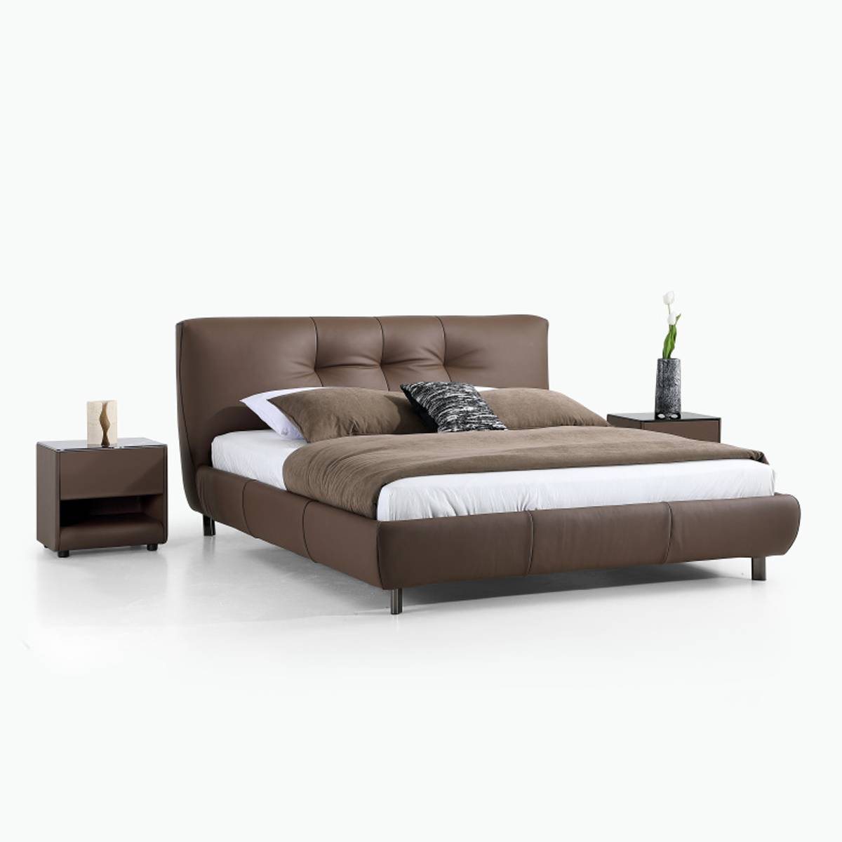 Side angle view of the brown leather bed frame and headboard