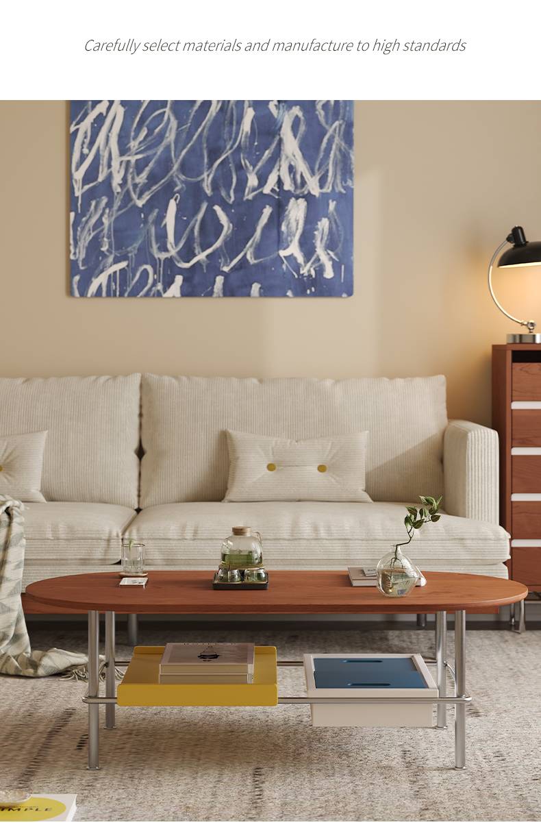 Full view of the Bauhaus coffee table in a living room setting with a beige sofa.
