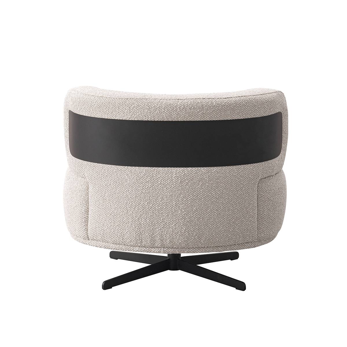 Rear view of beige swivel lounge chair showing black leather band