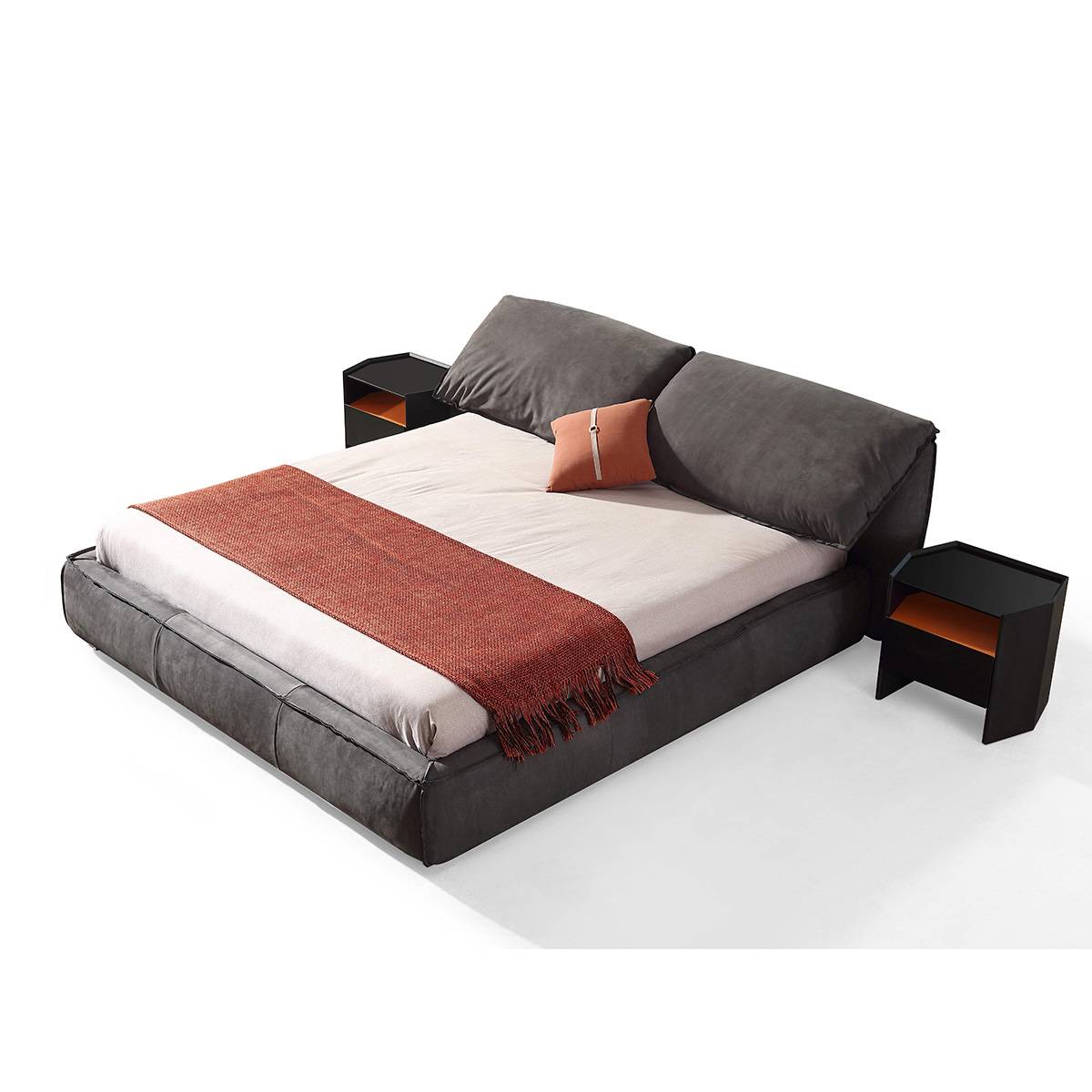 Another perspective of the bed setup with matching bedside tables
