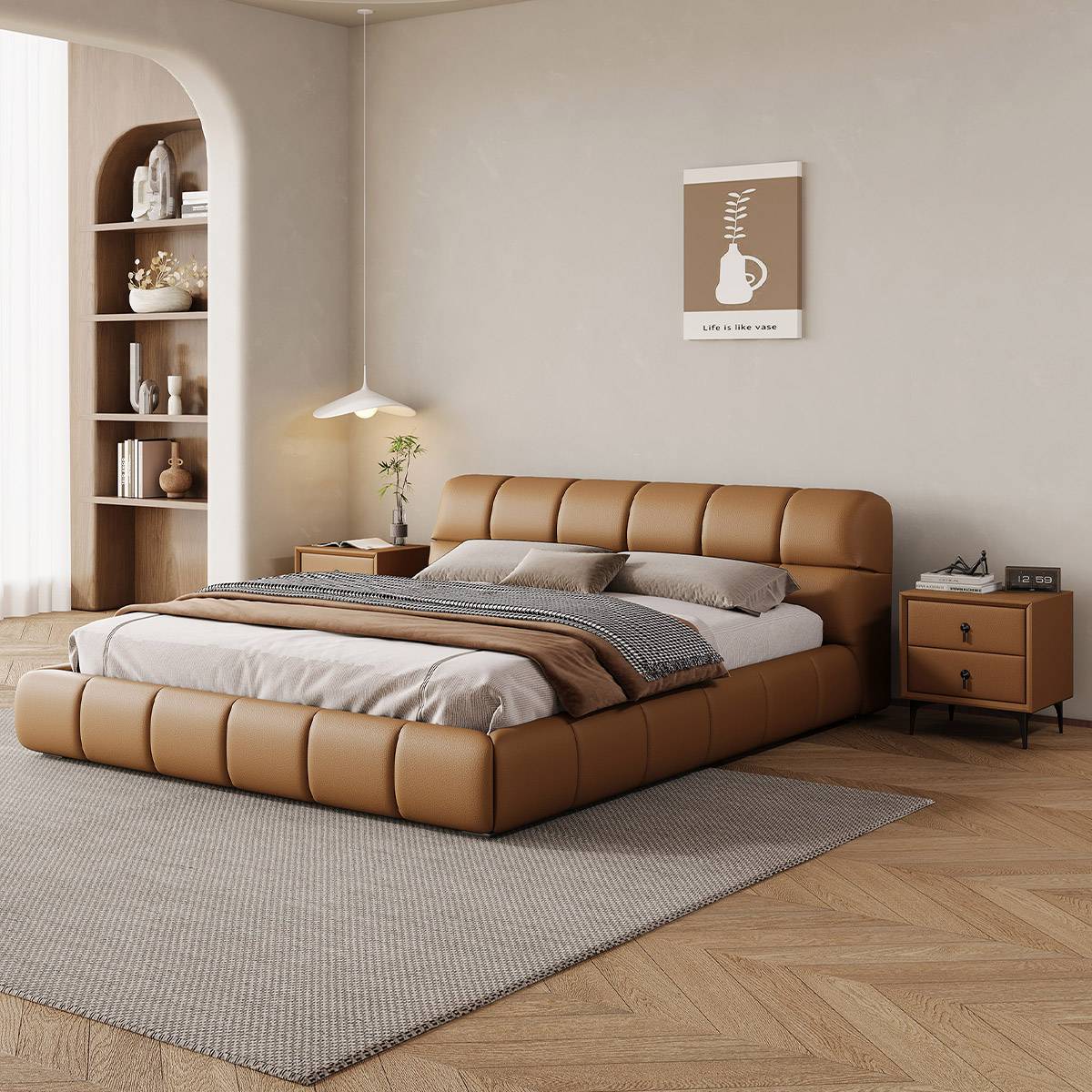 Brown eco-leather floating bed in a modern bedroom setting