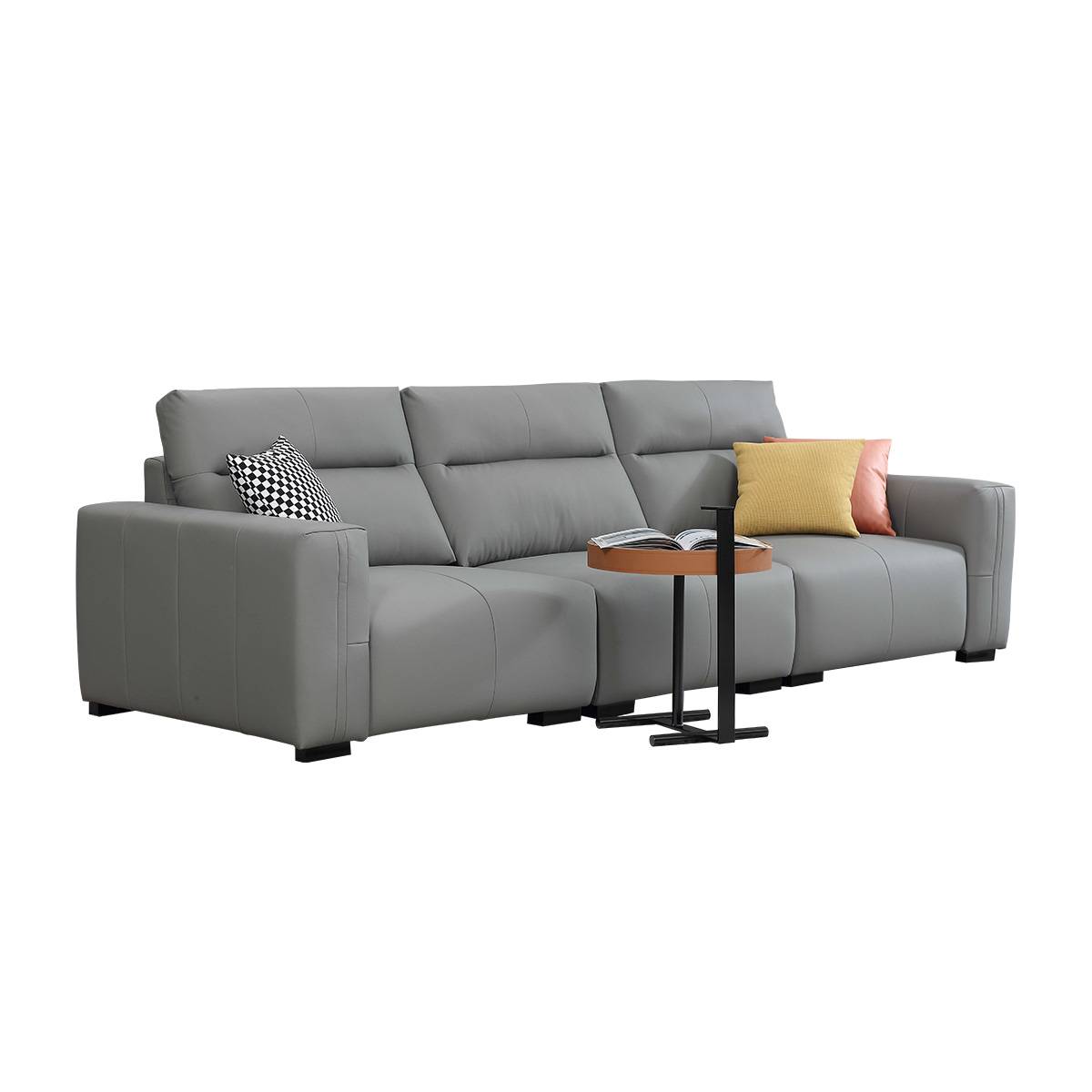 Three-quarter view of the grey sofa against a white background showing the full length and armrests.