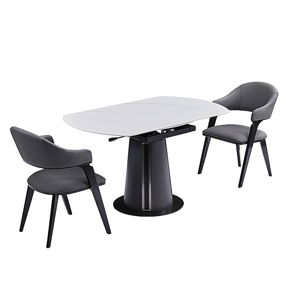 Oval white microcrystalline stone dining table with black base and two chairs