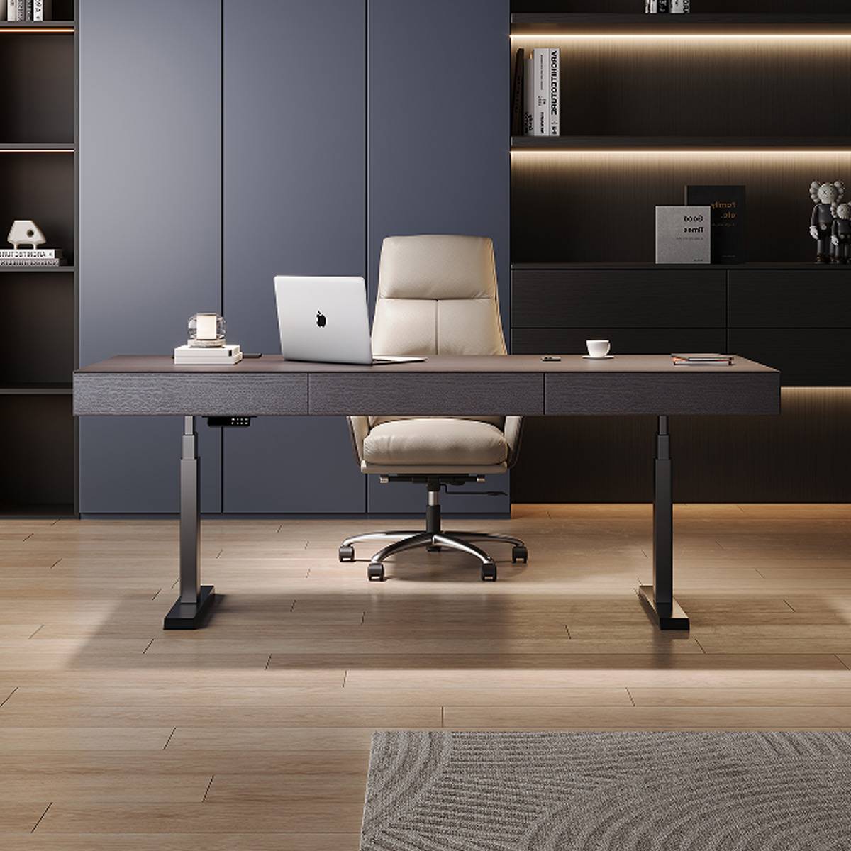 Front view of the desk showing the control panel and storage drawers