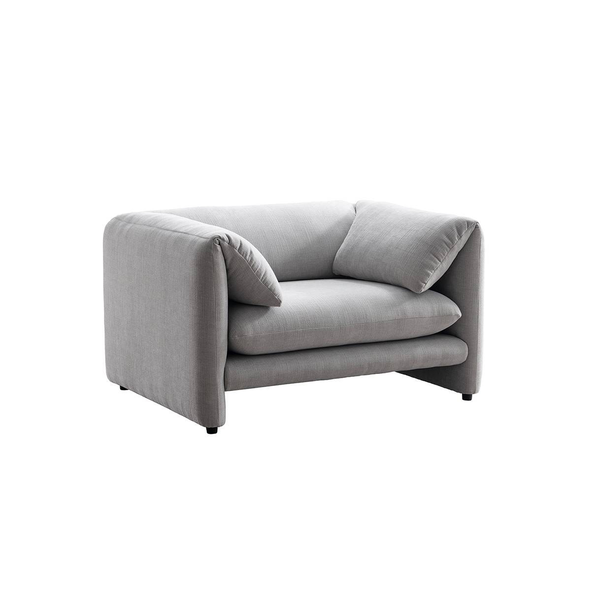 Full view of the grey Lucas sofa in a living room setting with decorative pillows