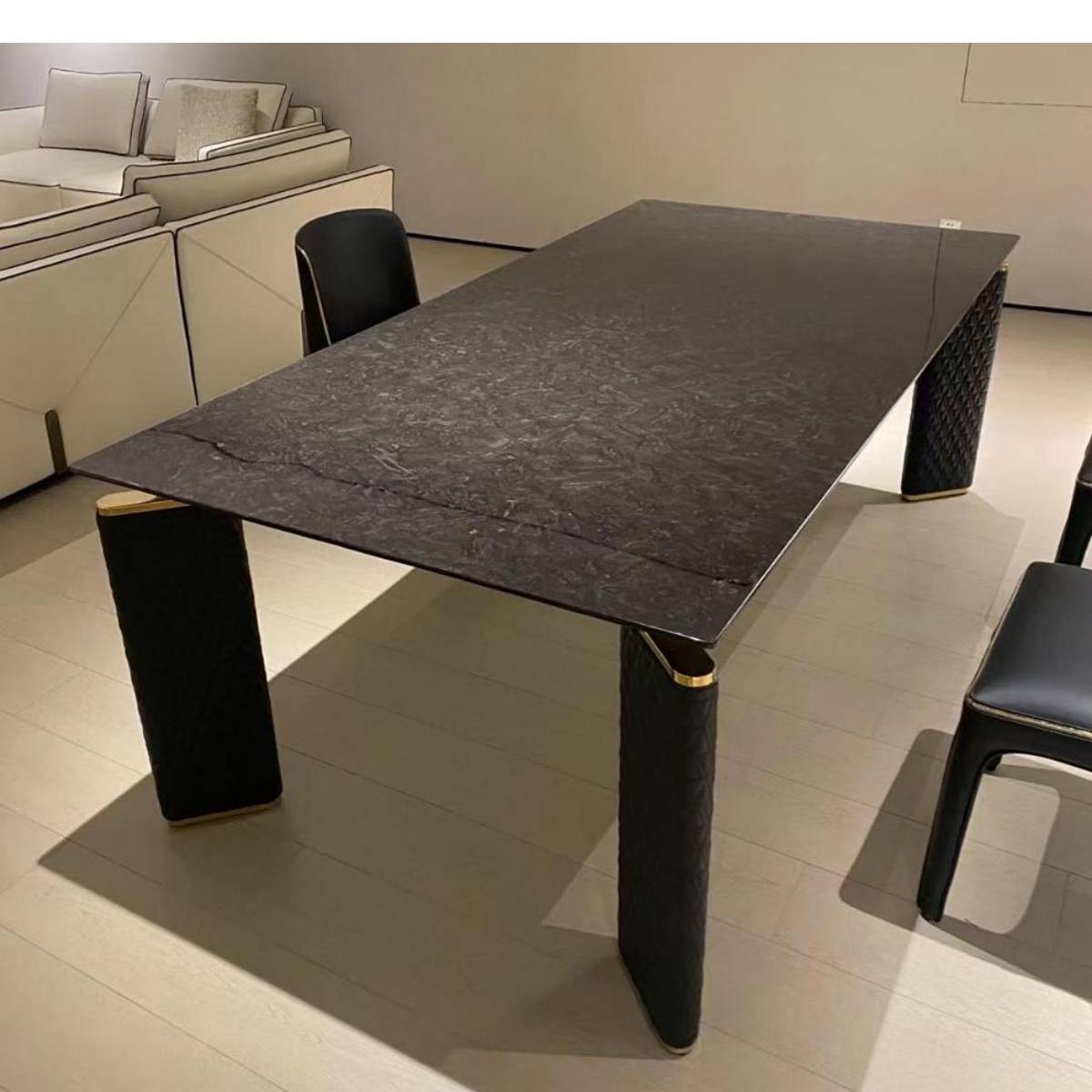 Imported Versace Black Luxury Natural Marble Dining Table with Upholstered Base (Z60-S48)
