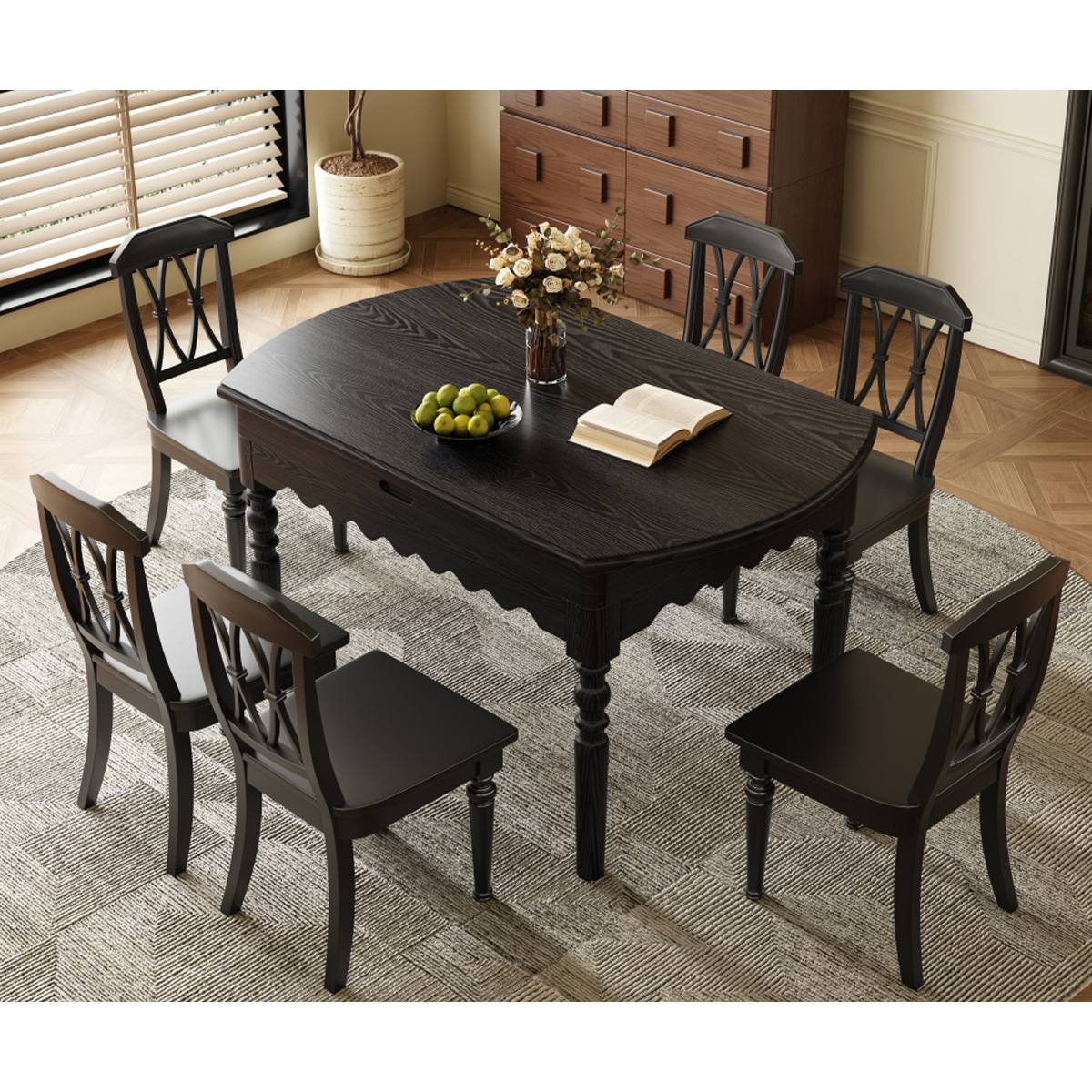 Black finish dining table with wave edge and cross-back chairs