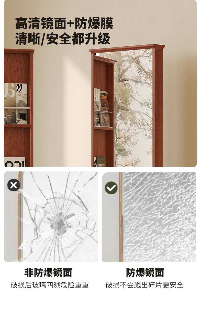 Comparison graphic showing the safety difference between non-explosion-proof and explosion-proof mirror glass