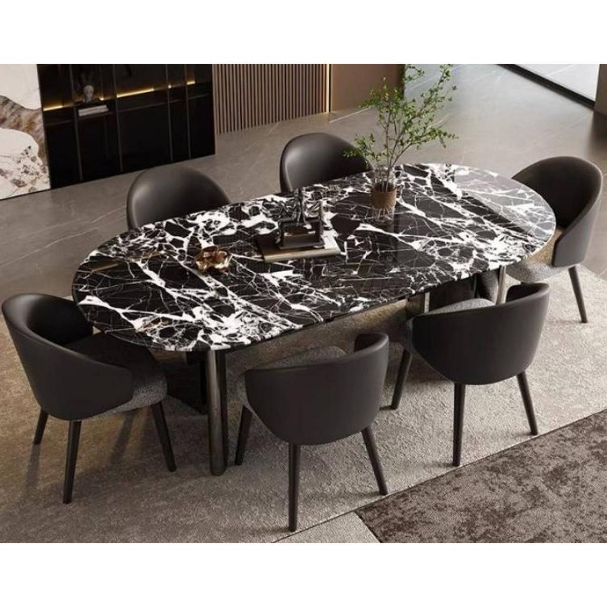 Oval dining table with black and white marble top