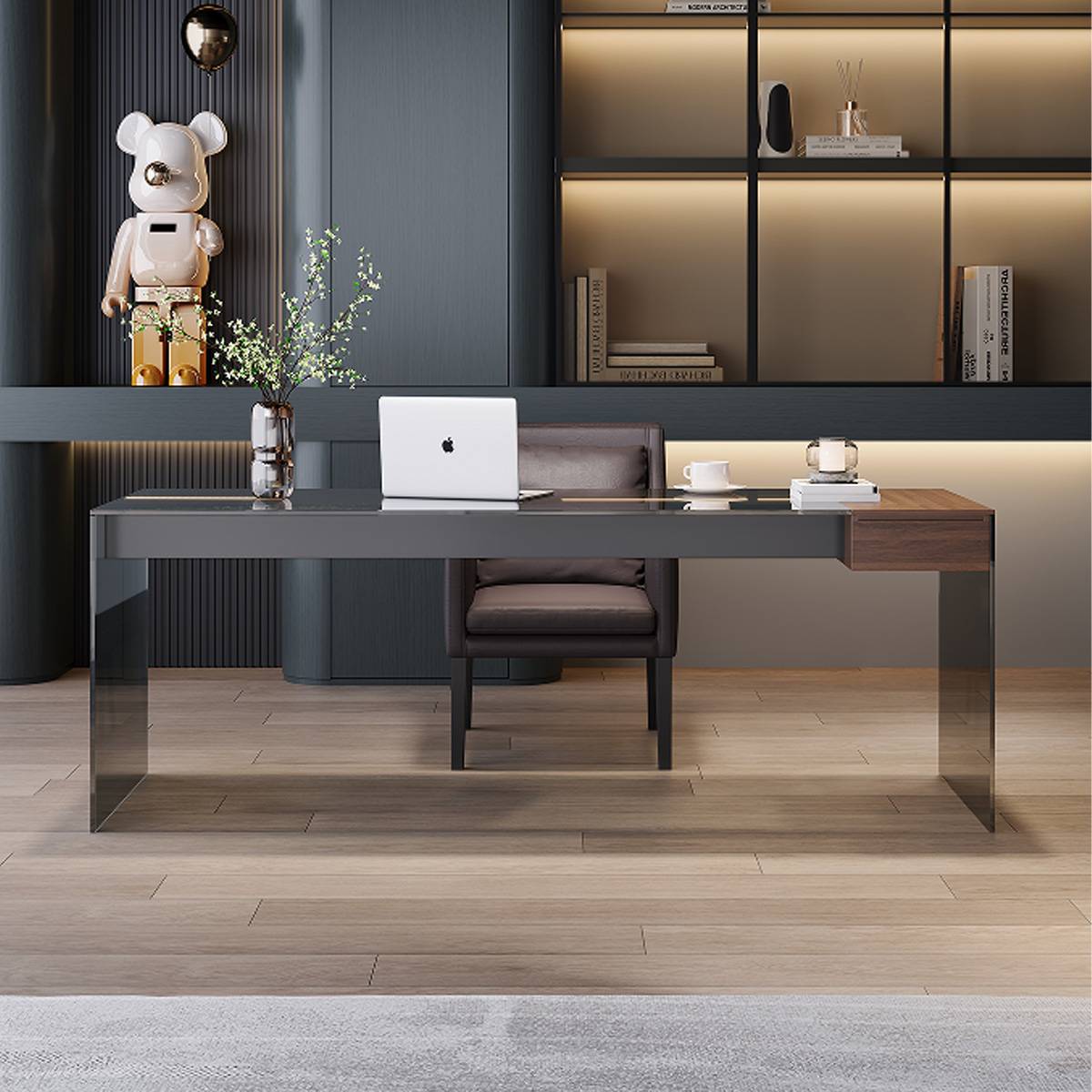 Front view of the desk showing the laptop and office accessories