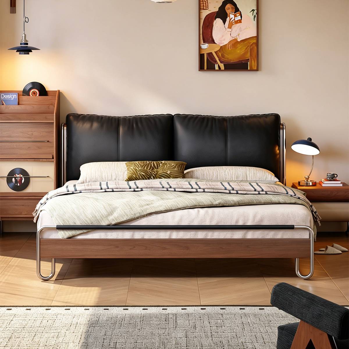 Front view of the bed showing the black leather headboard and wooden frame details