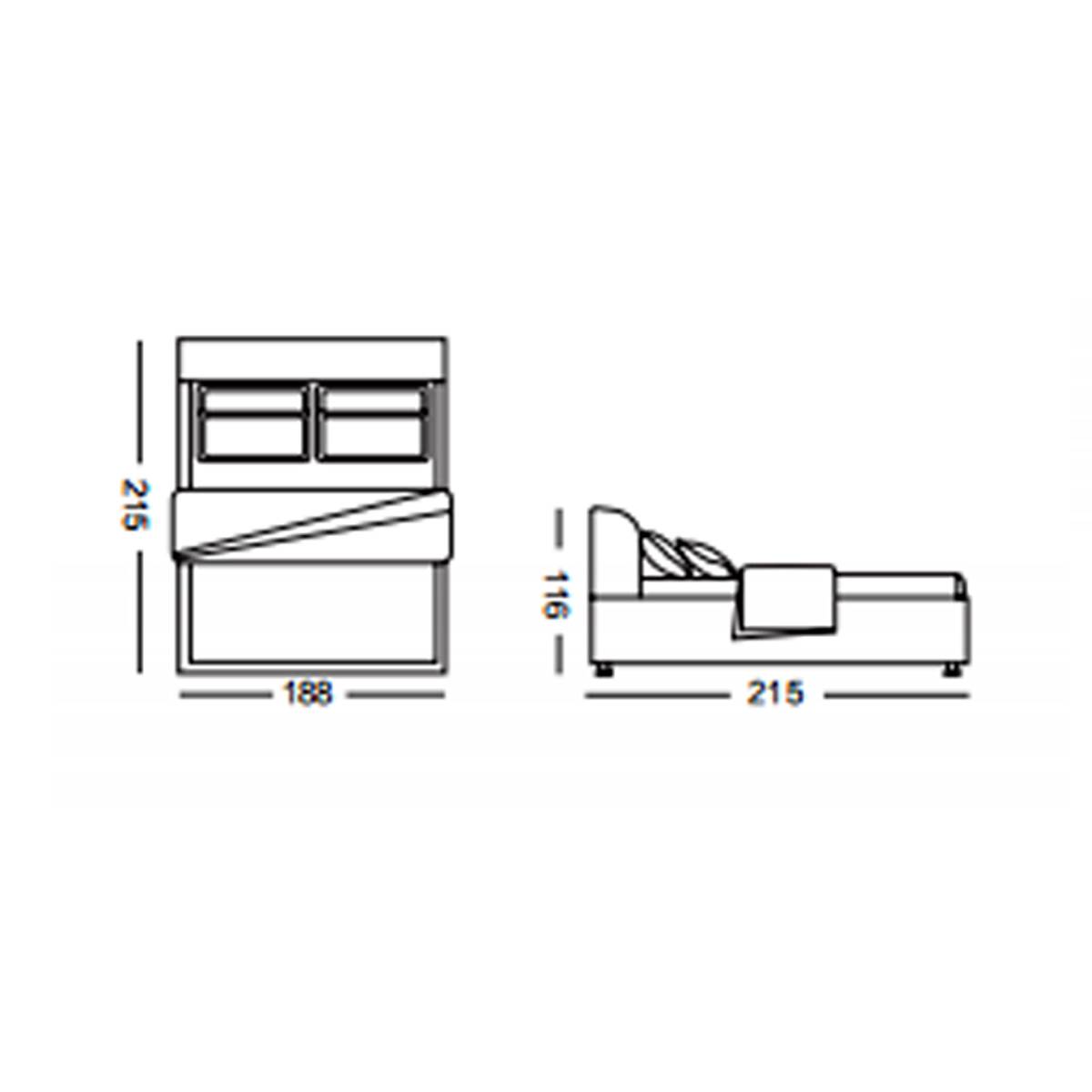 Technical line drawing showing the dimensions of the bed: 215cm length, 188cm width, and 116cm height.