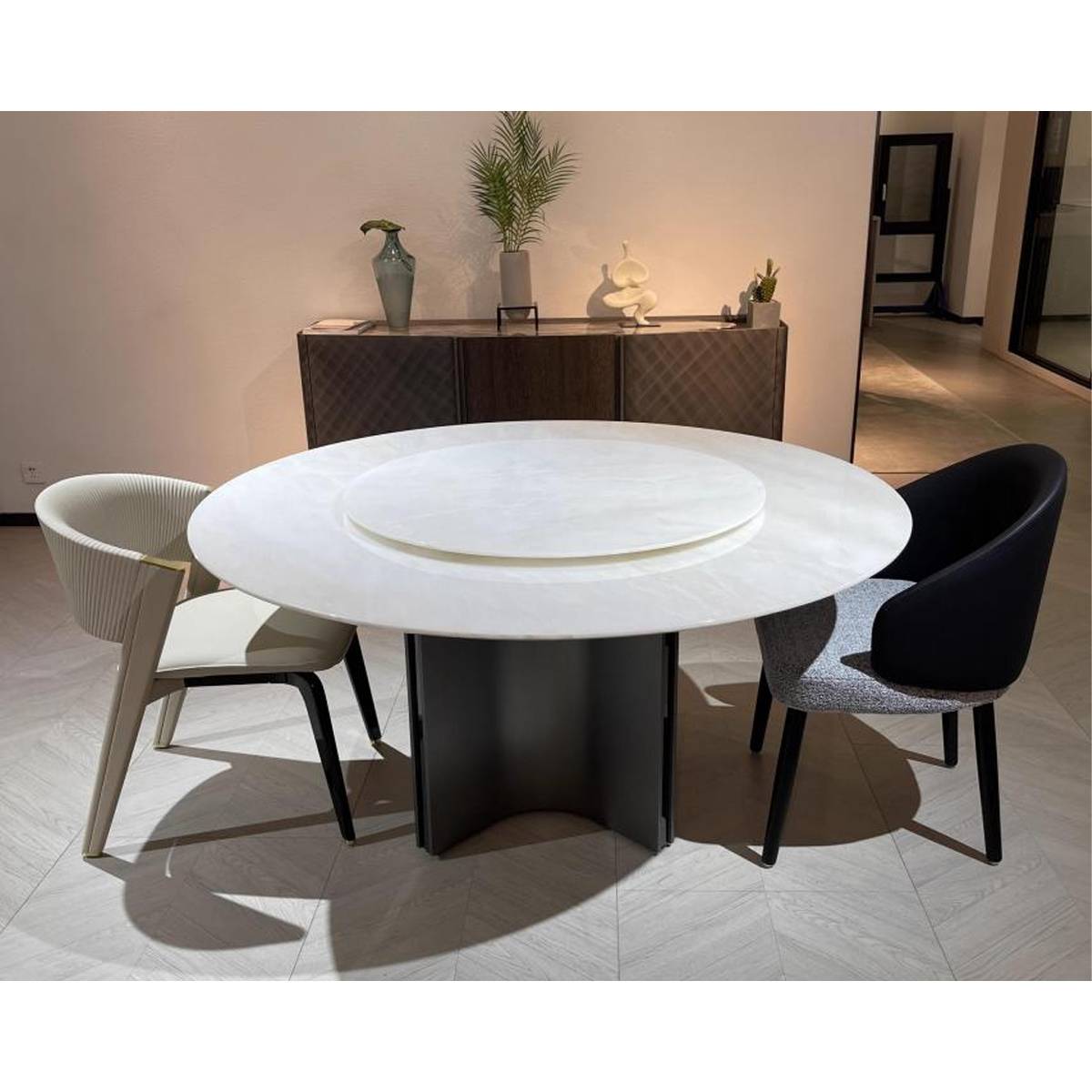 Cari Ice Jade Natural Marble Luxury Stone Round Dining Table with Stainless Steel Grey Steel Starfish Base (Z60-S75)