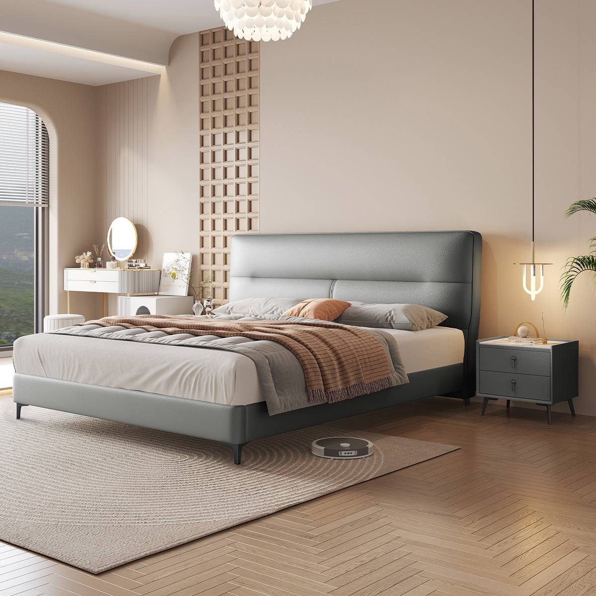 Side view of the bed in a grey eco-leather finish