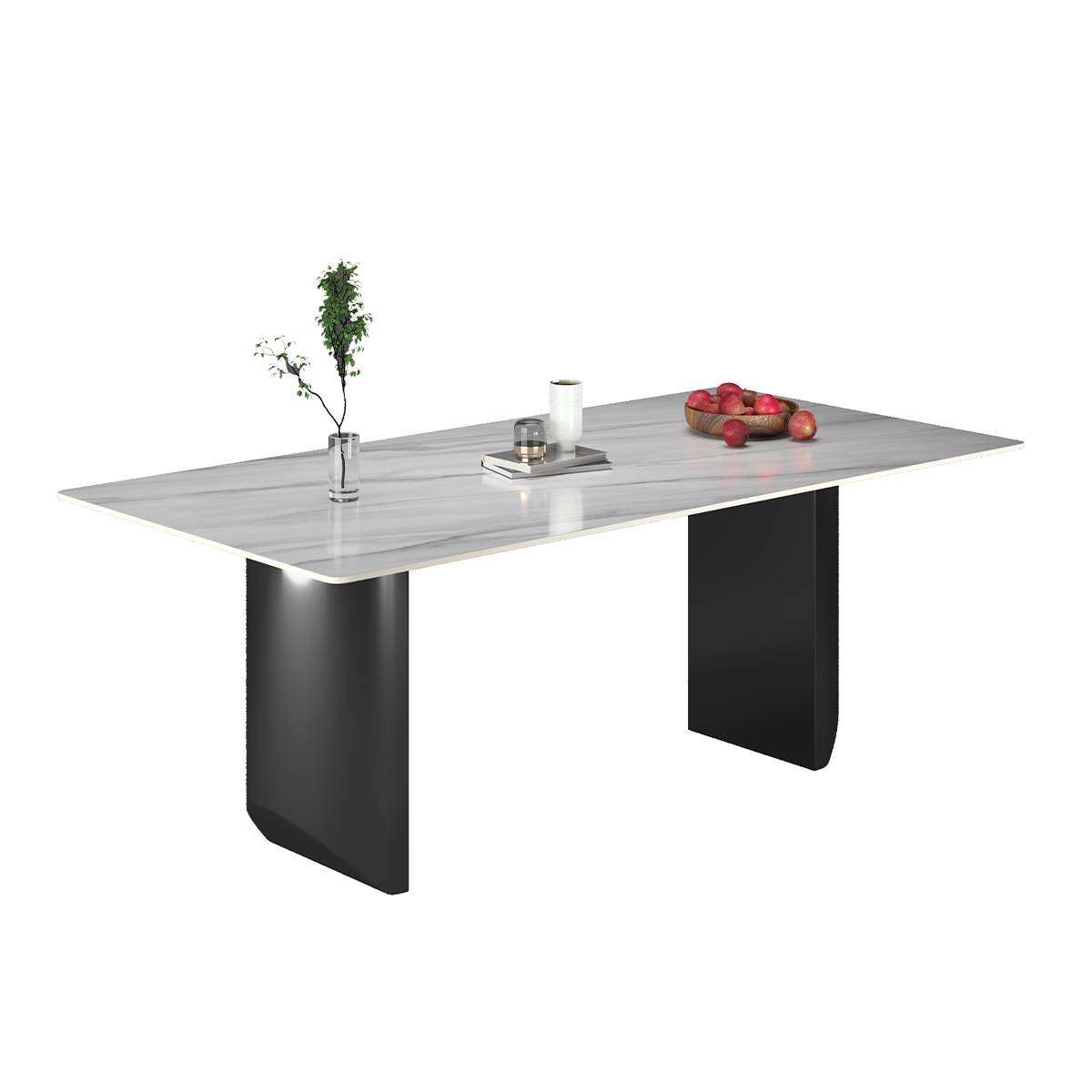 Studio shot of the dining table with a white marble pattern top and black stainless steel base against a white background.